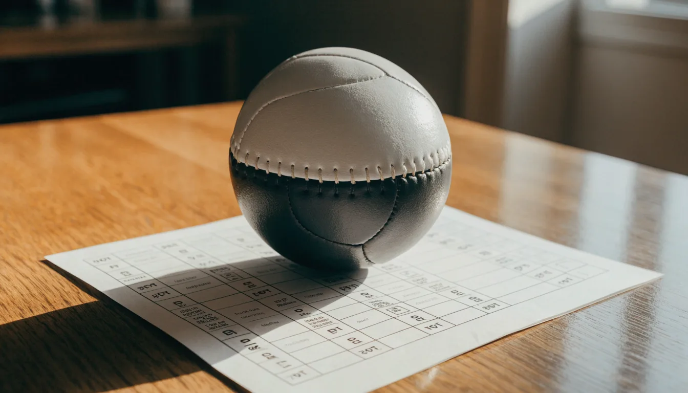 Uma bola de futebol pousada sobre um talão de apostas em branco numa mesa de madeira, à luz do dia