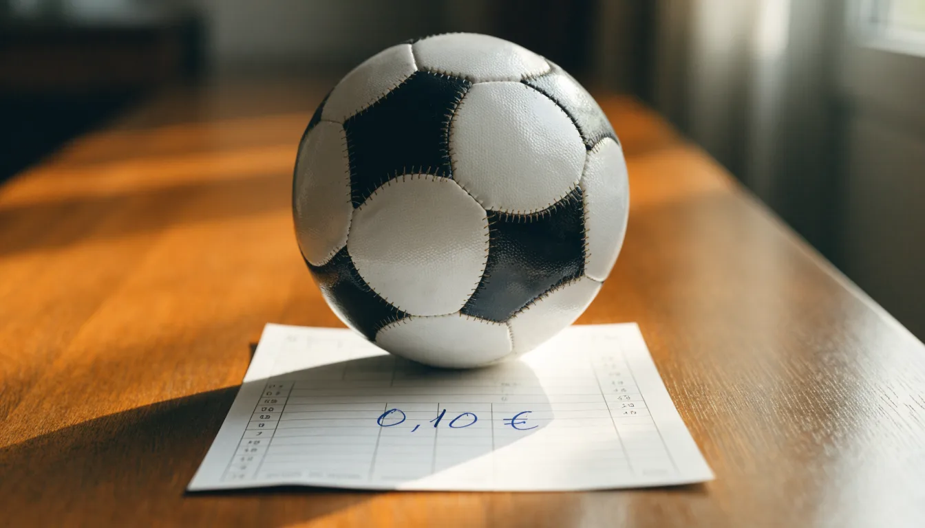 Uma bola de futebol pousada sobre um talão de apostas em branco numa mesa de madeira, à luz do dia