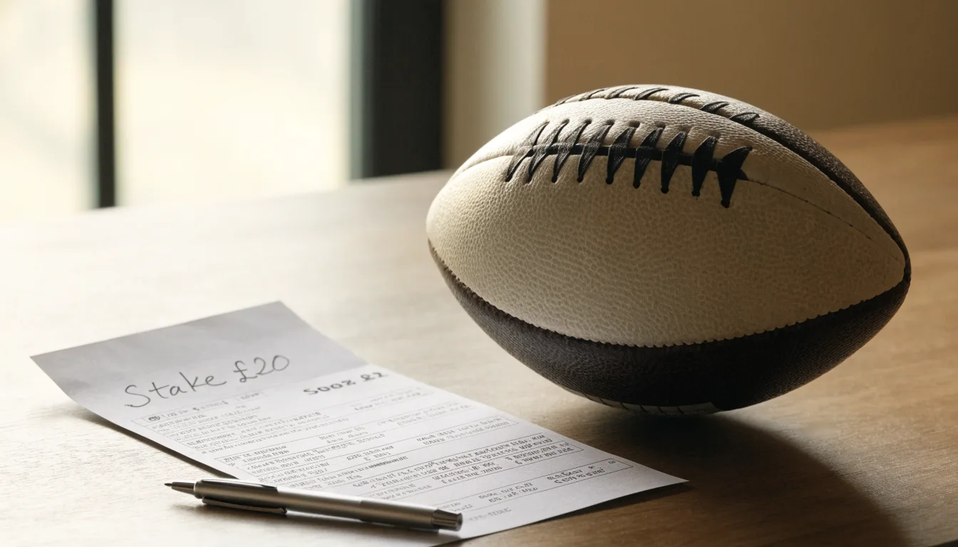 Uma bola de futebol pousada sobre um talão de apostas em branco numa mesa de madeira, à luz do dia