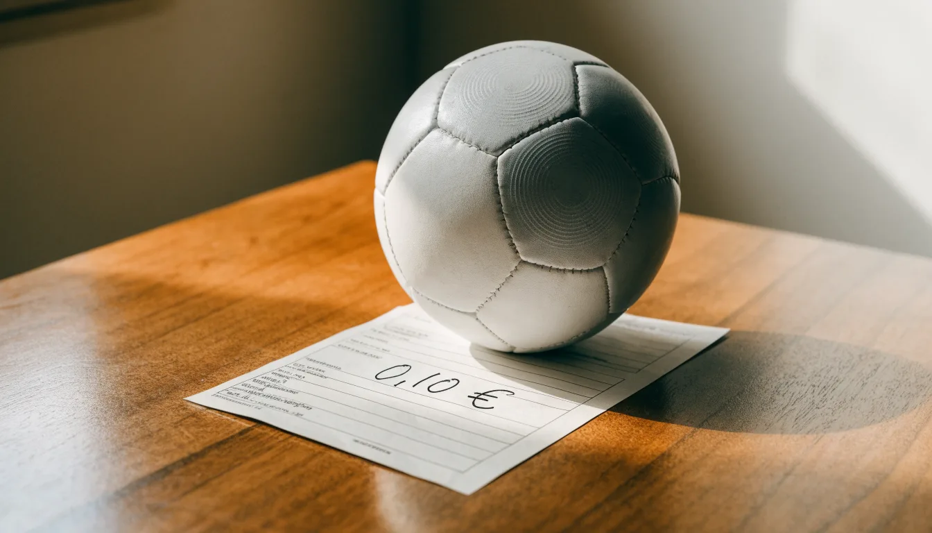 Uma bola de futebol pousada sobre um talão de apostas em branco numa mesa de madeira, à luz do dia