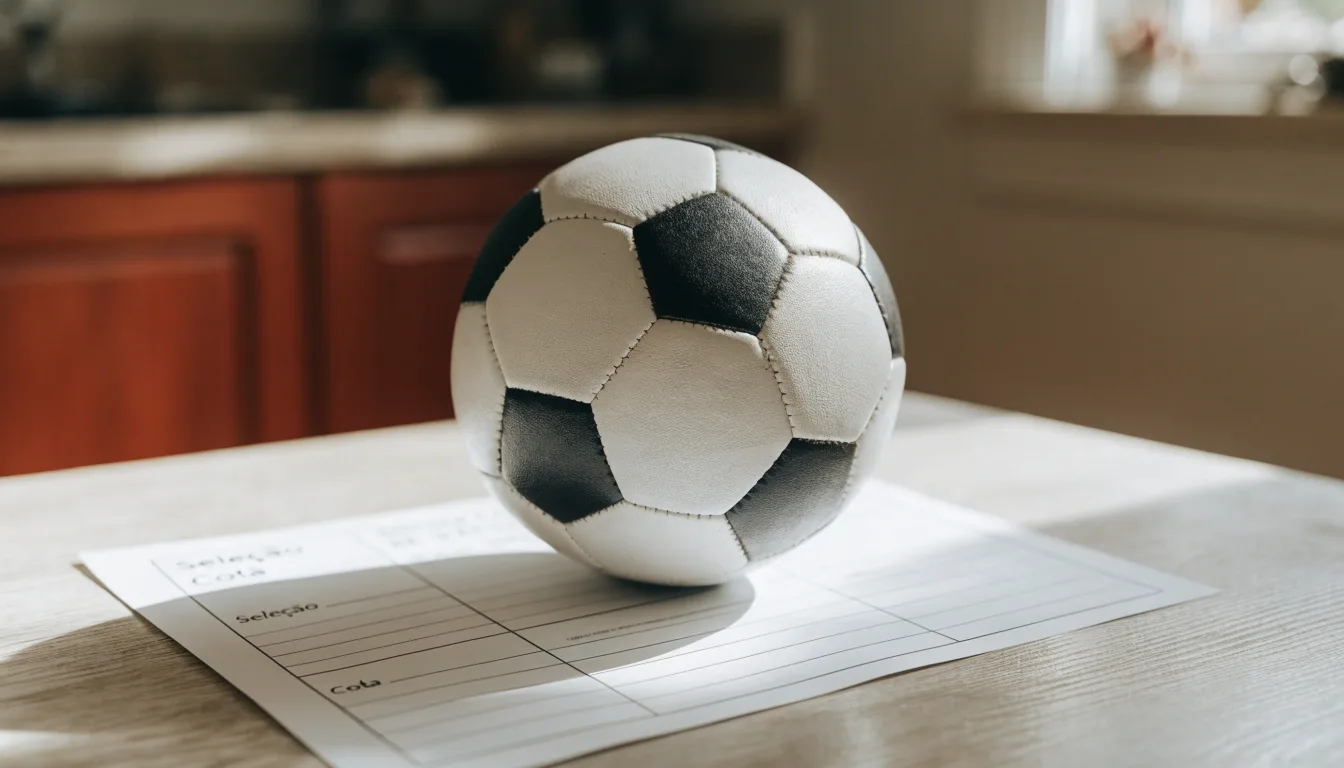 Uma bola de futebol pousada sobre um talão de apostas em branco numa mesa de madeira, à luz do dia