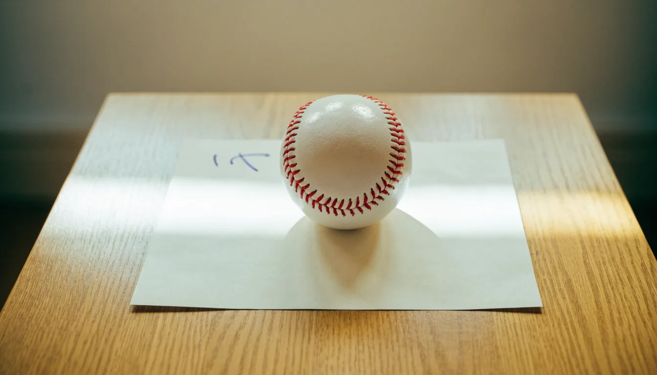 Uma bola de futebol pousada sobre um talão de apostas em branco numa mesa de madeira, à luz do dia
