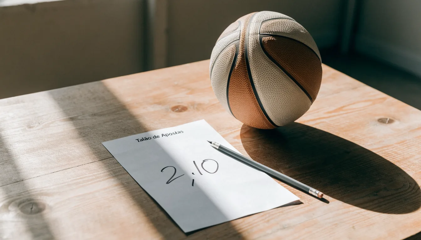 Uma bola de futebol pousada sobre um talão de apostas em branco numa mesa de madeira, à luz do dia