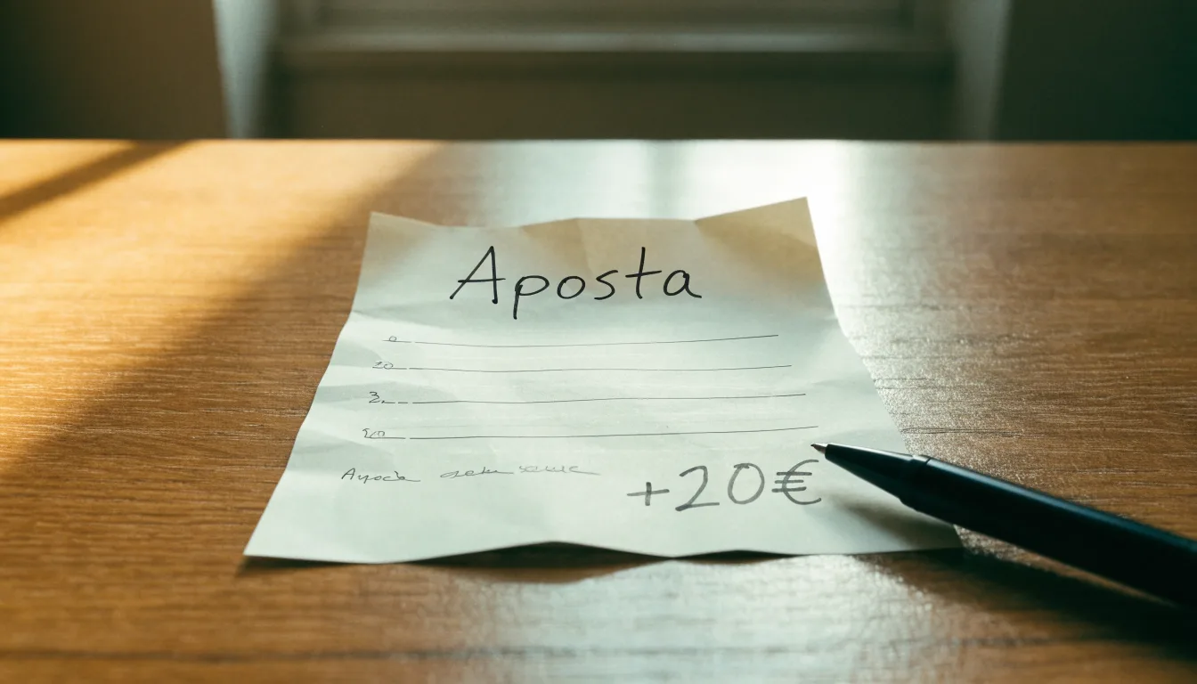 Uma bola de futebol pousada sobre um talão de apostas em branco numa mesa de madeira, à luz do dia