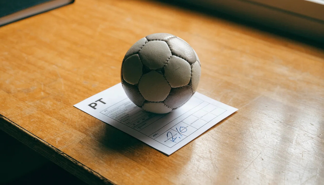 Uma bola de futebol pousada sobre um talão de apostas em branco numa mesa de madeira, à luz do dia