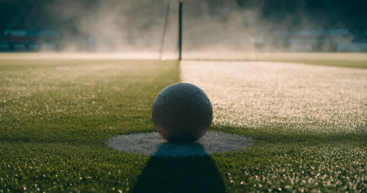 Uma bola de futebol no ponto central de um relvado, à luz da manhã