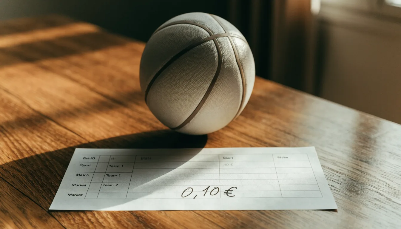 Uma bola de futebol pousada sobre um talão de apostas em branco numa mesa de madeira, à luz do dia