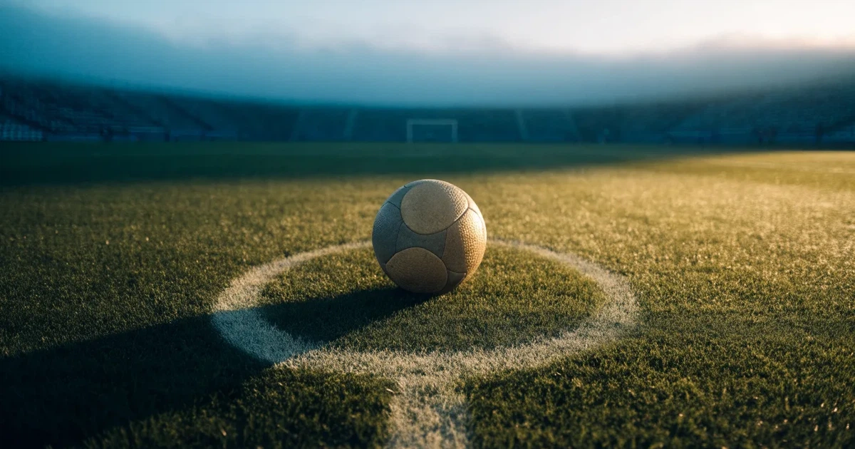 Uma bola de futebol no ponto central de um relvado, à luz da manhã