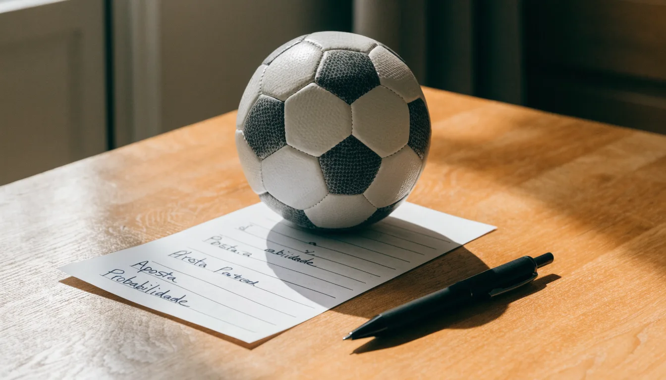 Uma bola de futebol pousada sobre um talão de apostas em branco numa mesa de madeira, à luz do dia