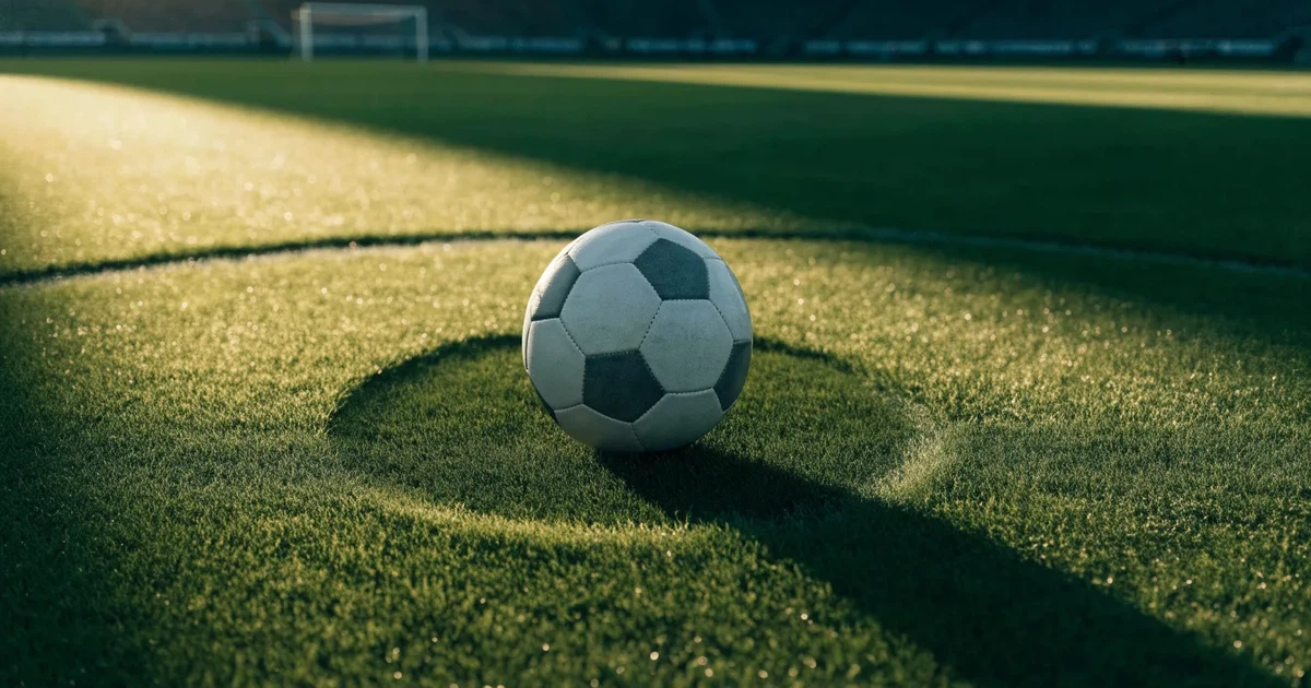 Uma bola de futebol no ponto central de um relvado, à luz da manhã