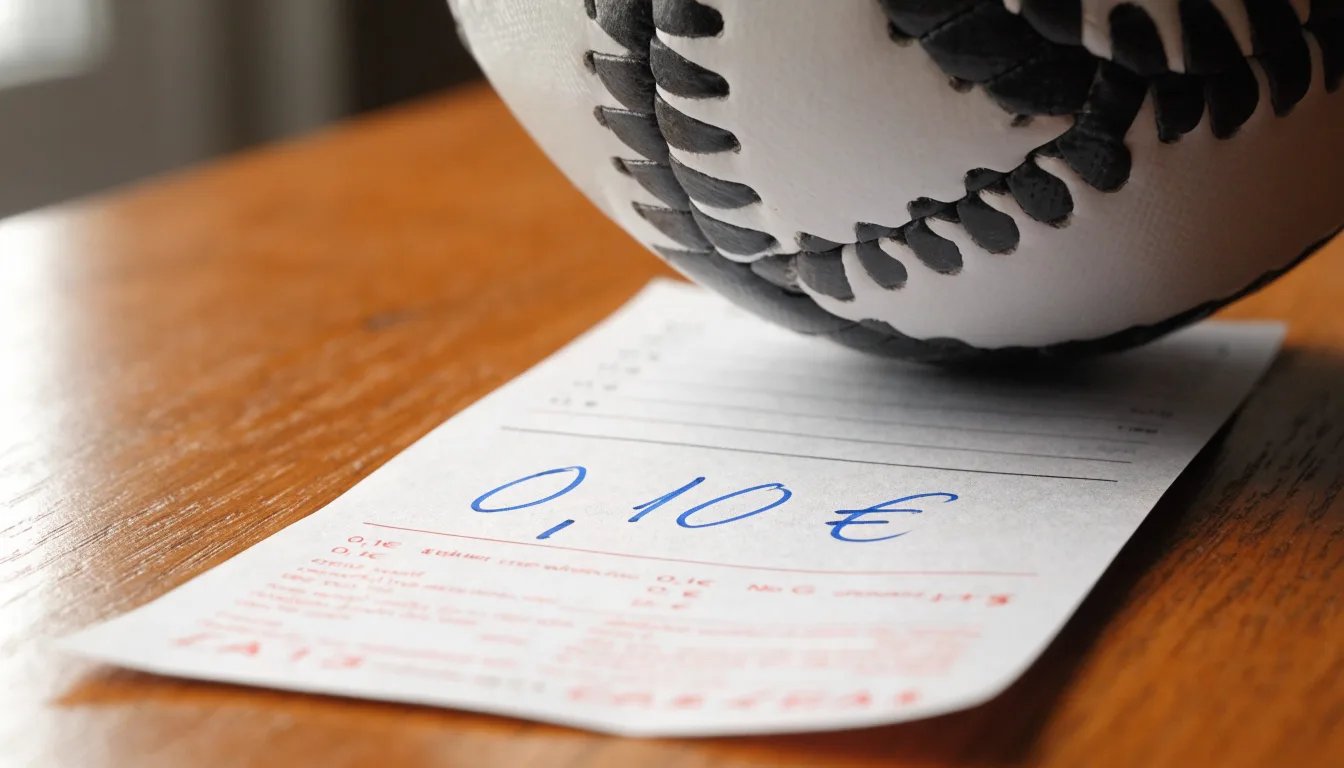 Uma bola de futebol pousada sobre um talão de apostas em branco numa mesa de madeira, à luz do dia