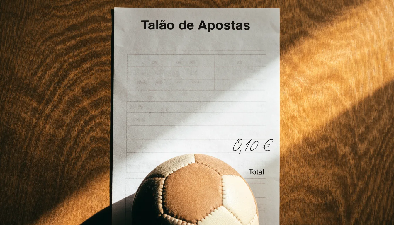 Uma bola de futebol pousada sobre um talão de apostas em branco numa mesa de madeira, à luz do dia