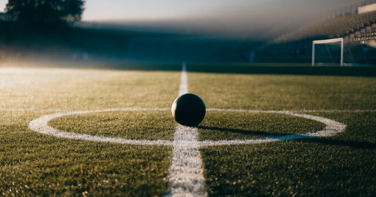 Uma bola de futebol no ponto central de um relvado, à luz da manhã