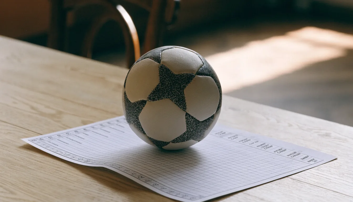 Uma bola de futebol pousada sobre um talão de apostas em branco numa mesa de madeira, à luz do dia