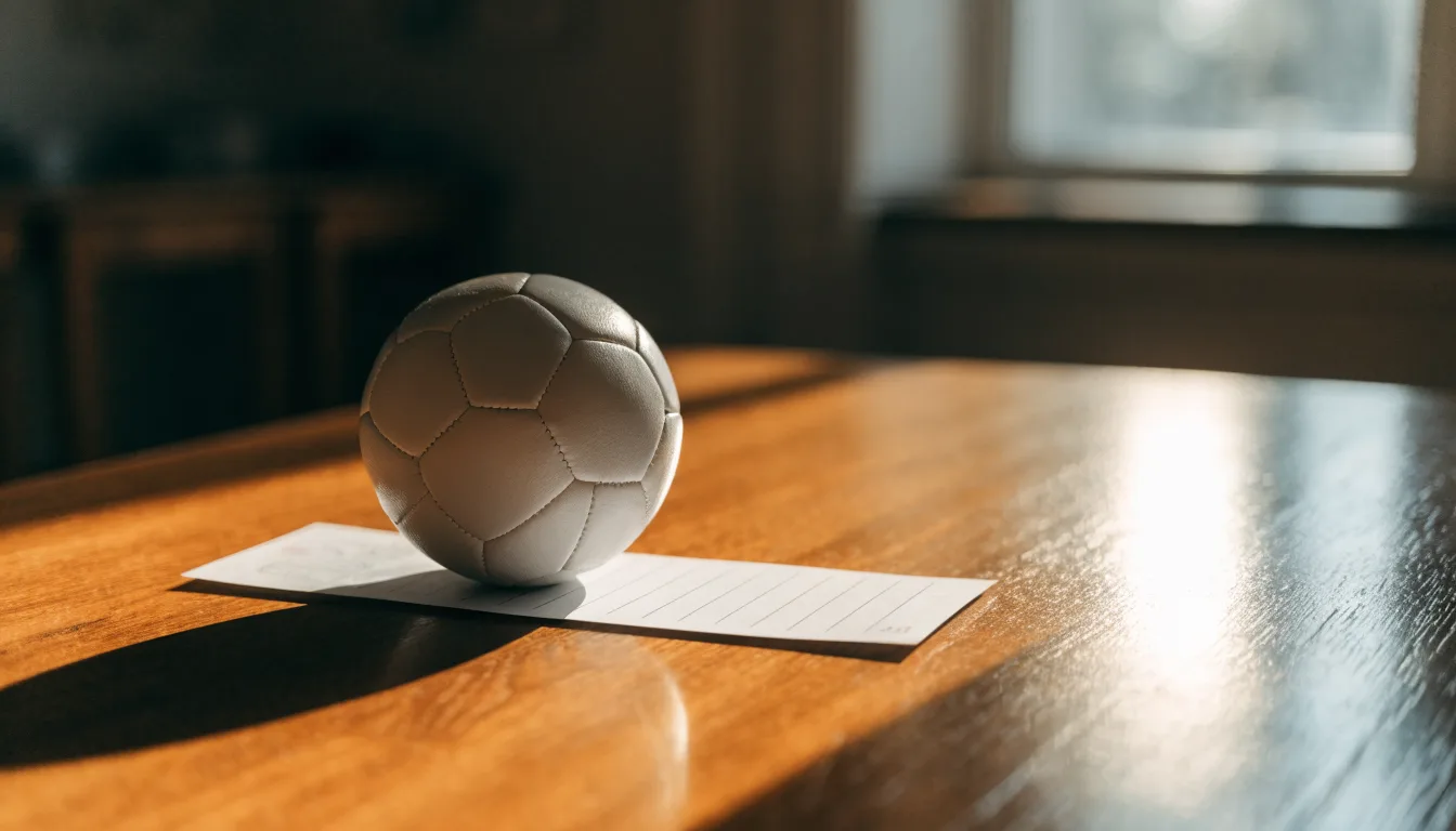 Uma bola de futebol pousada sobre um talão de apostas em branco numa mesa de madeira, à luz do dia