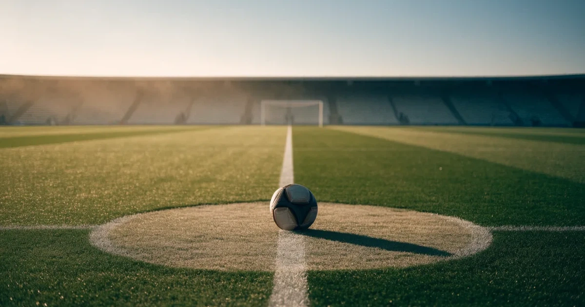 Uma bola de futebol no ponto central de um relvado, à luz da manhã