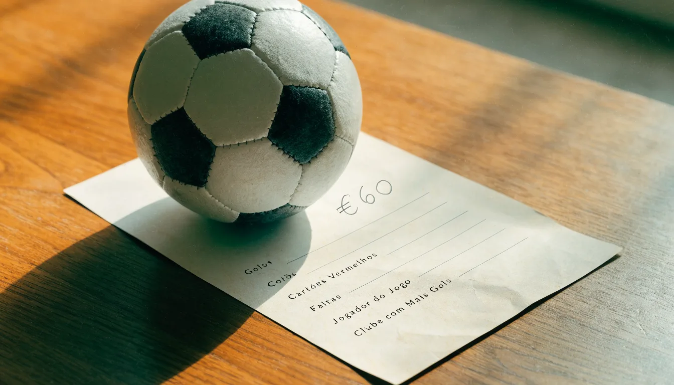 Uma bola de futebol pousada sobre um talão de apostas em branco numa mesa de madeira, à luz do dia