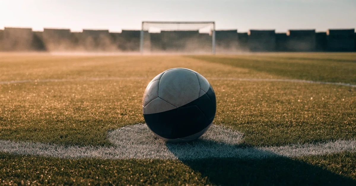 Uma bola de futebol no ponto central de um relvado, à luz da manhã