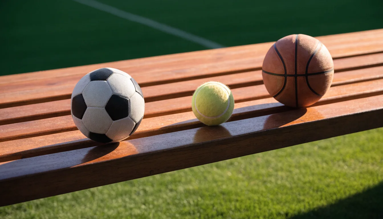 Três bolas de desportos diferentes alinhadas lado a lado num banco de madeira
