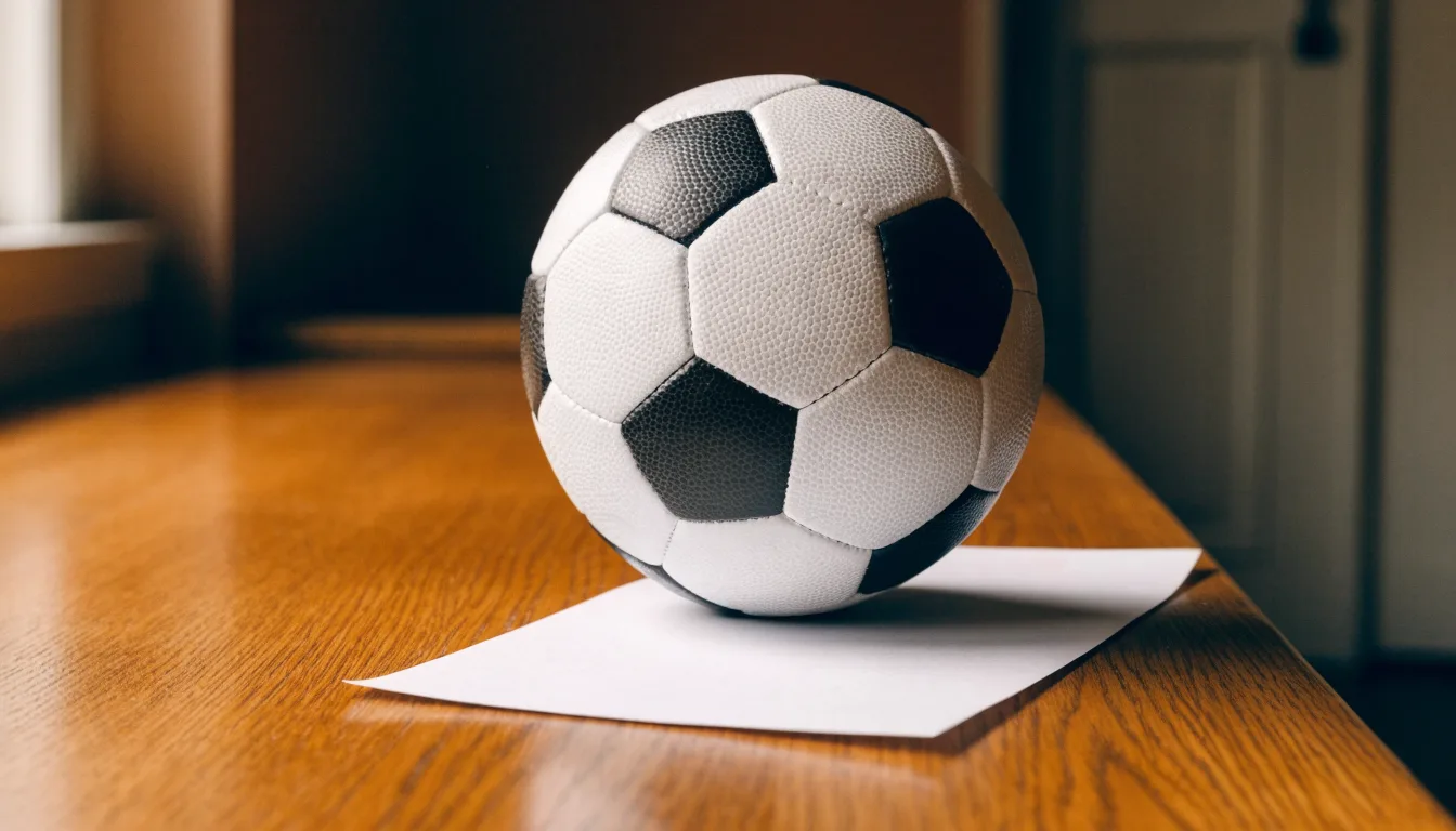 Uma bola de futebol pousada sobre um talão de apostas em branco numa mesa de madeira, à luz do dia