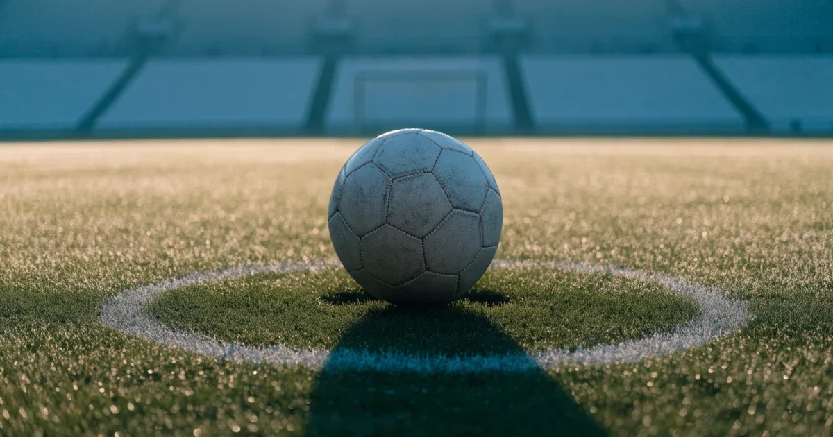 Uma bola de futebol no ponto central de um relvado, à luz da manhã