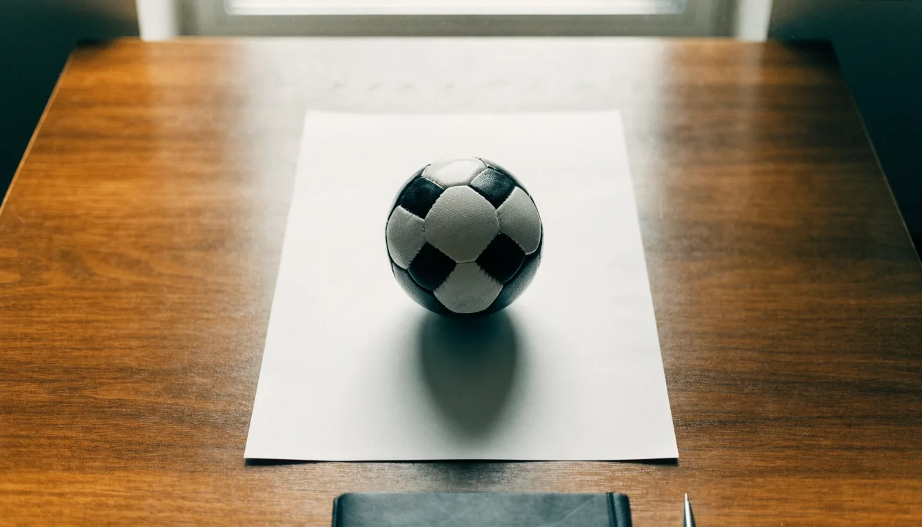 Uma bola de futebol pousada sobre um talão de apostas em branco numa mesa de madeira, à luz do dia