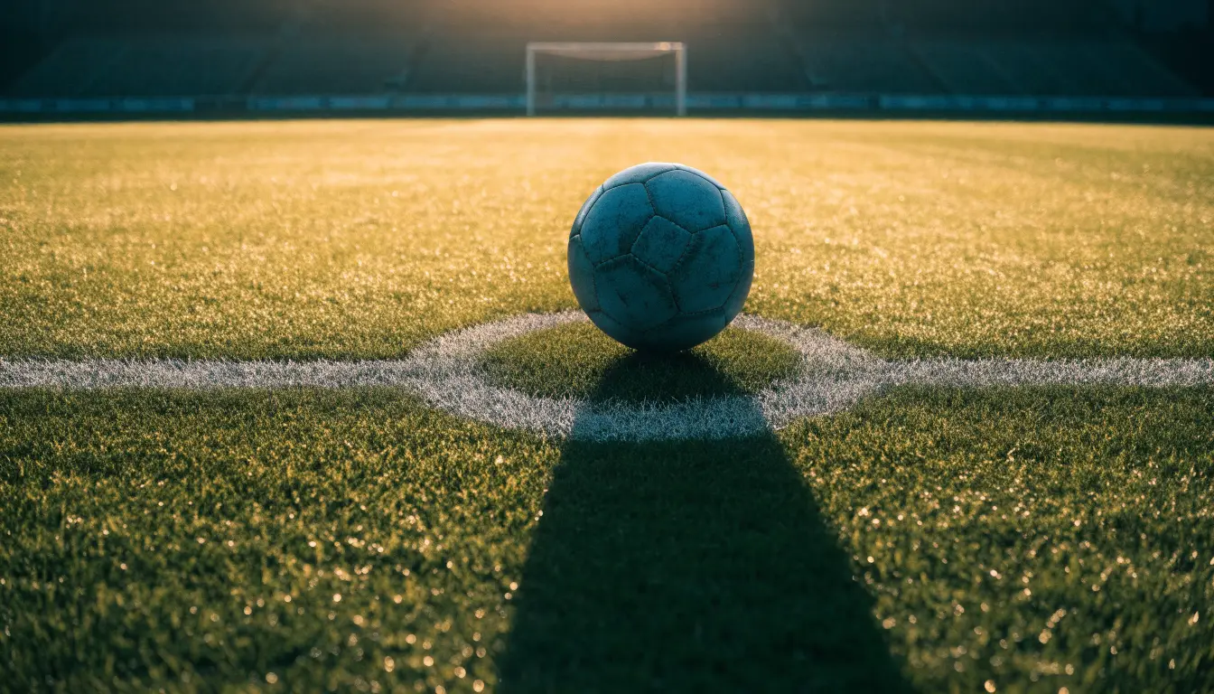 Uma bola de futebol no ponto central de um relvado, à luz da manhã