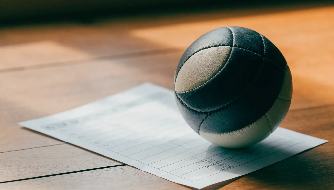 Uma bola de futebol pousada sobre um talão de apostas em branco numa mesa de madeira, à luz do dia