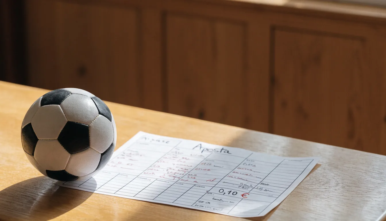 Uma bola de futebol pousada sobre um talão de apostas em branco numa mesa de madeira, à luz do dia