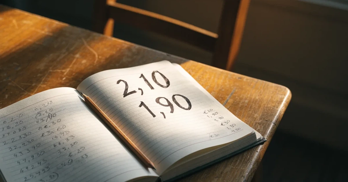 Um caderno aberto com cotas escritas à mão, uma calculadora e um lápis sobre uma mesa de madeira