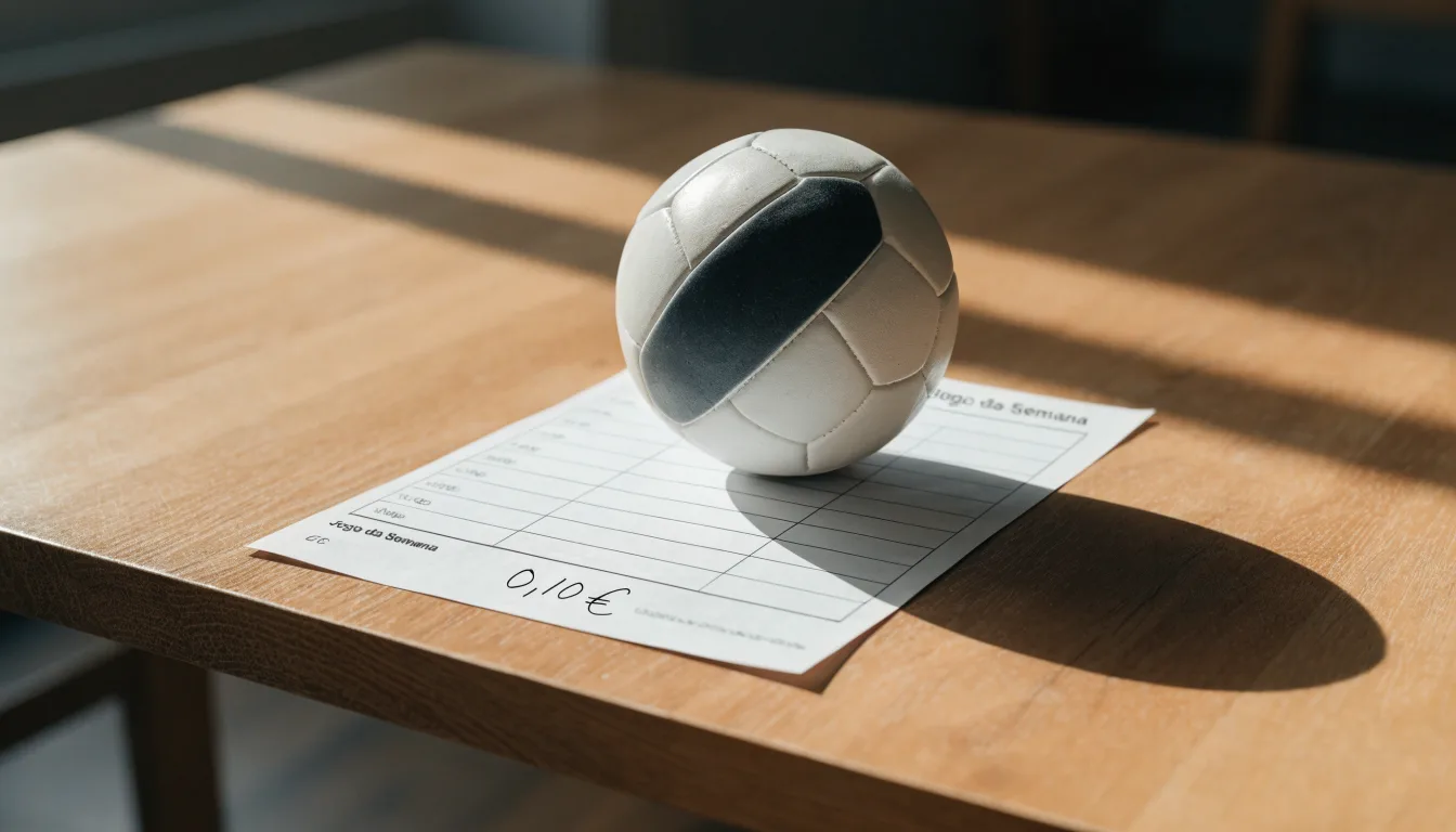 Uma bola de futebol pousada sobre um talão de apostas em branco numa mesa de madeira, à luz do dia