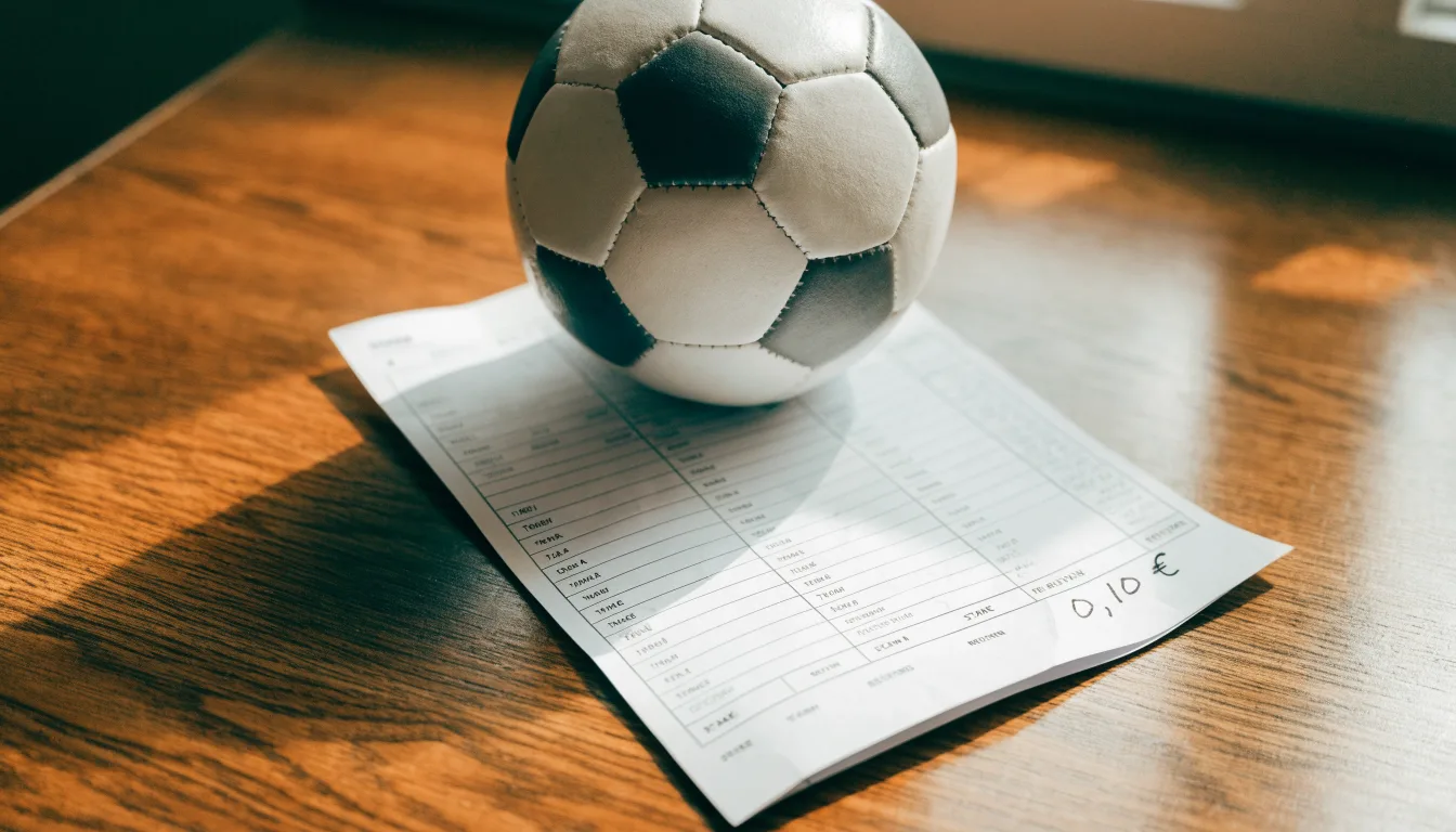 Uma bola de futebol pousada sobre um talão de apostas em branco numa mesa de madeira, à luz do dia