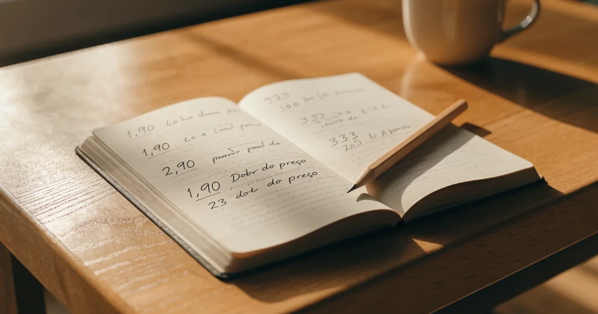 Um caderno aberto com cotas escritas à mão, uma calculadora e um lápis sobre uma mesa de madeira
