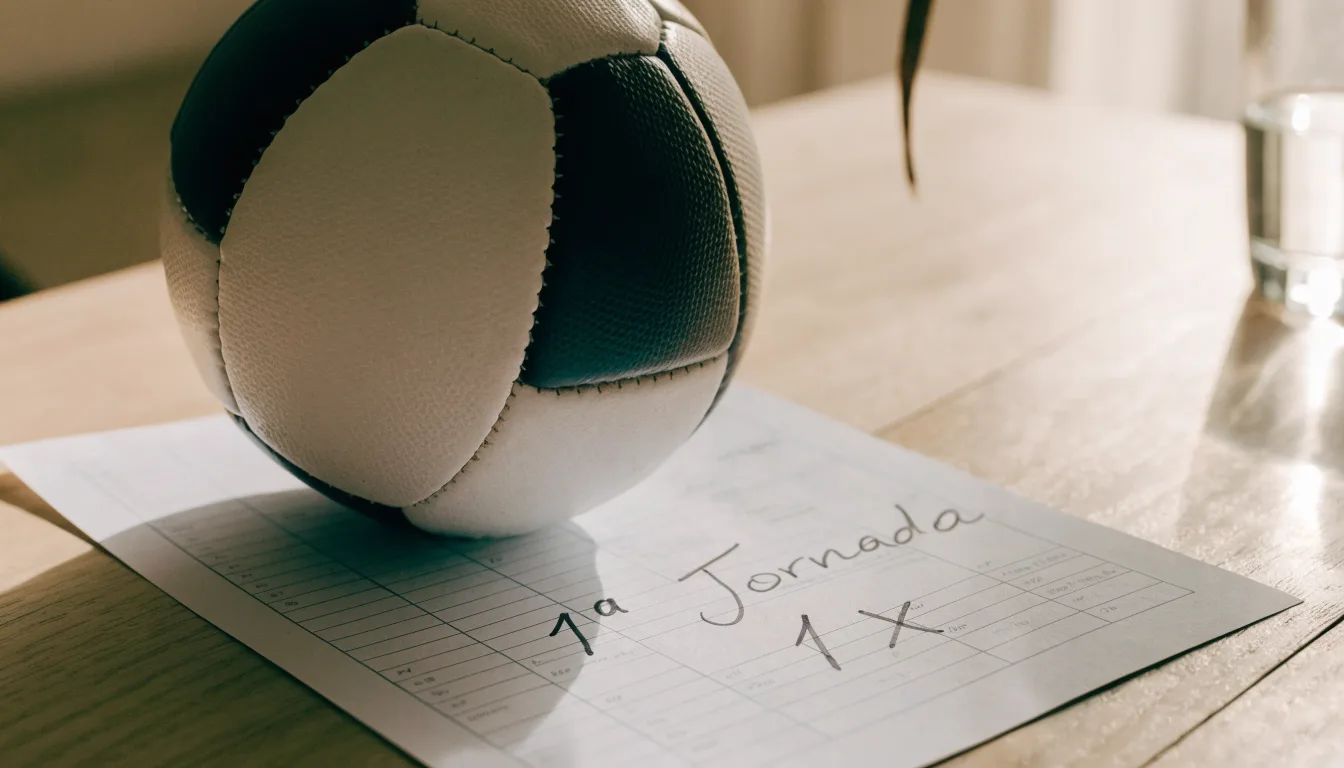 Uma bola de futebol pousada sobre um talão de apostas em branco numa mesa de madeira, à luz do dia