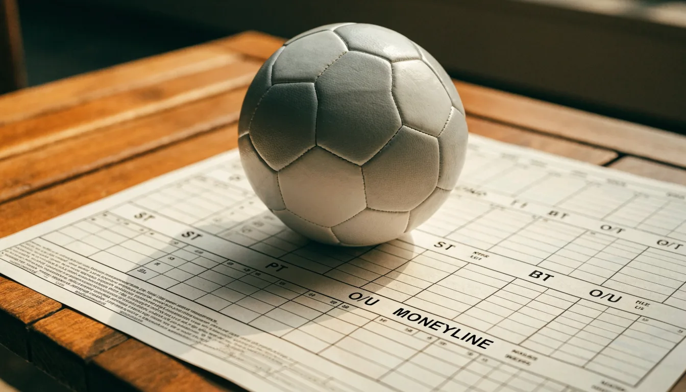 Uma bola de futebol pousada sobre um talão de apostas em branco numa mesa de madeira, à luz do dia