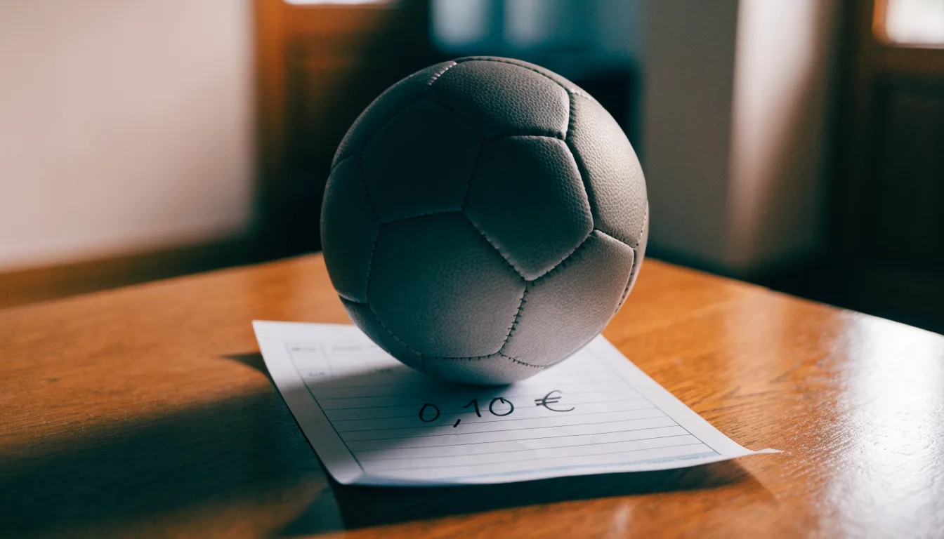 Uma bola de futebol pousada sobre um talão de apostas em branco numa mesa de madeira, à luz do dia