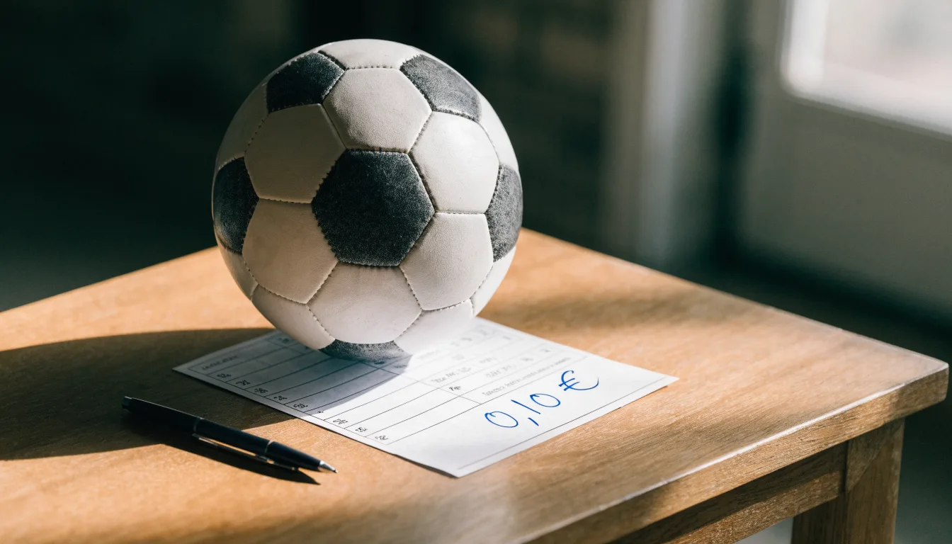 Uma bola de futebol pousada sobre um talão de apostas em branco numa mesa de madeira, à luz do dia