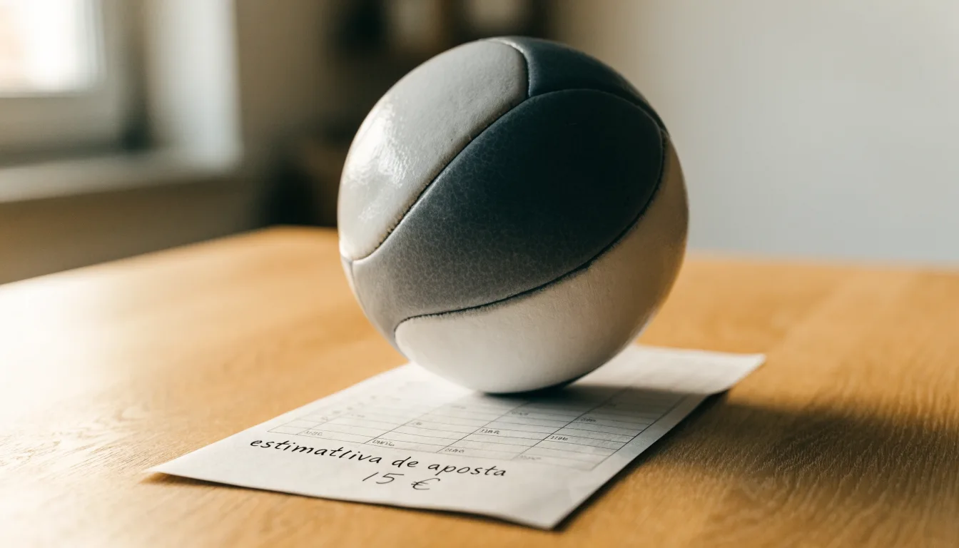 Uma bola de futebol pousada sobre um talão de apostas em branco numa mesa de madeira, à luz do dia