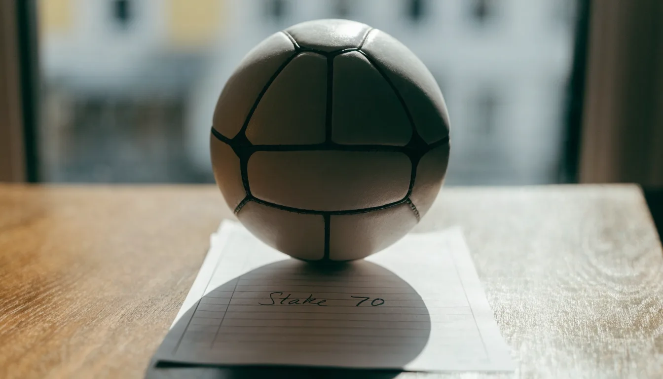 Uma bola de futebol pousada sobre um talão de apostas em branco numa mesa de madeira, à luz do dia