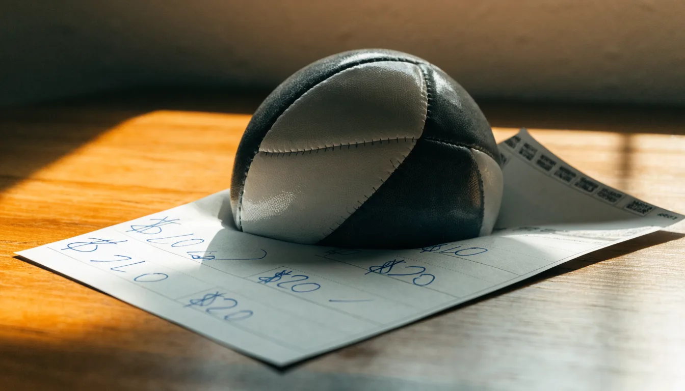 Uma bola de futebol pousada sobre um talão de apostas em branco numa mesa de madeira, à luz do dia