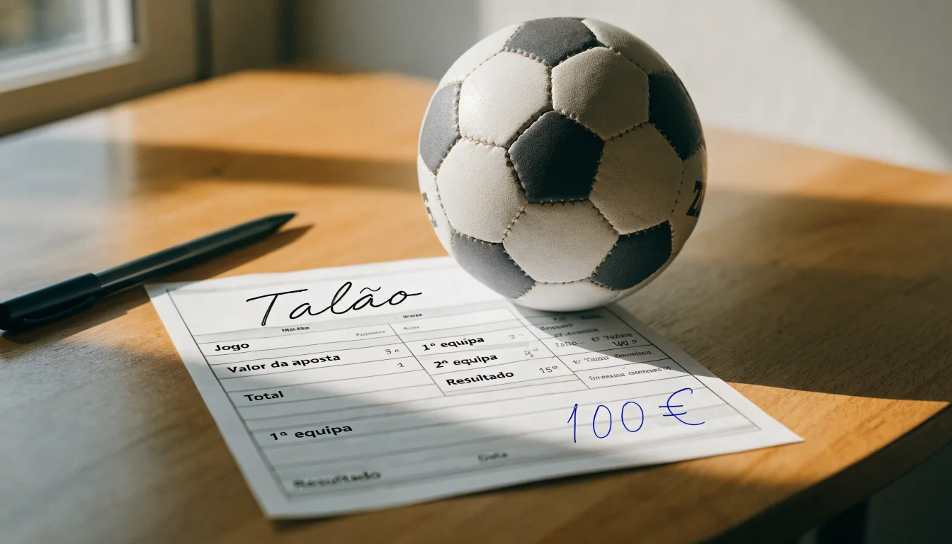 Uma bola de futebol pousada sobre um talão de apostas em branco numa mesa de madeira, à luz do dia