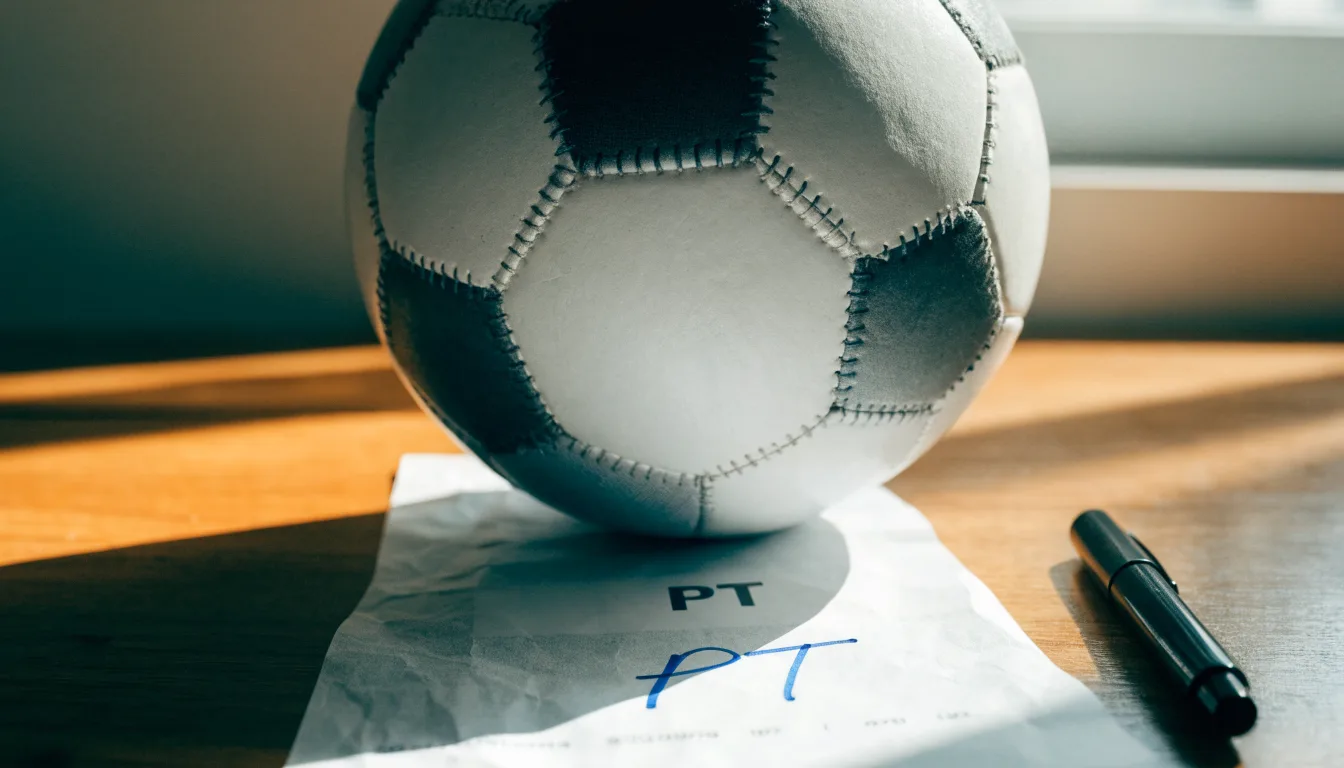Uma bola de futebol pousada sobre um talão de apostas em branco numa mesa de madeira, à luz do dia