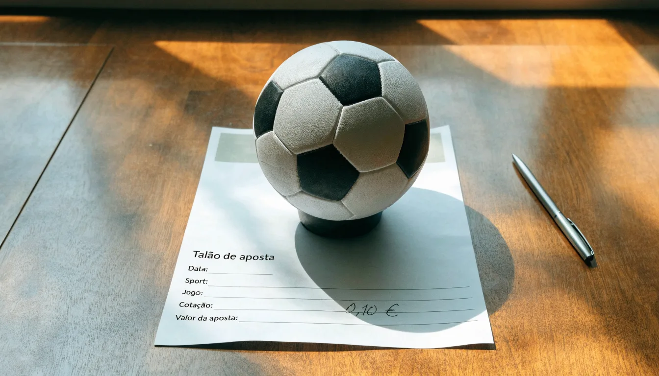 Uma bola de futebol pousada sobre um talão de apostas em branco numa mesa de madeira, à luz do dia