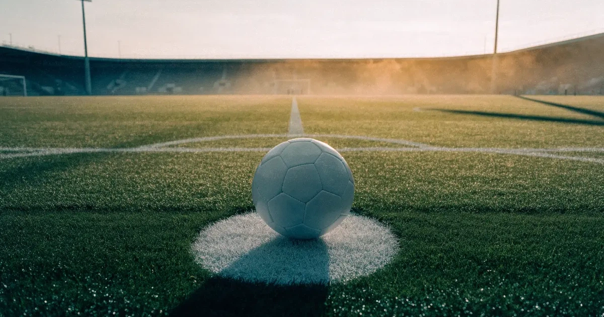 Uma bola de futebol no ponto central de um relvado, à luz da manhã
