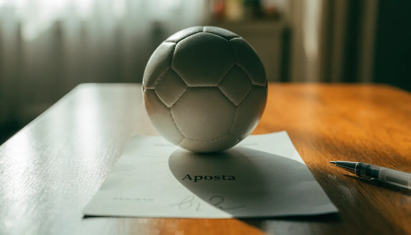 Uma bola de futebol pousada sobre um talão de apostas em branco numa mesa de madeira, à luz do dia